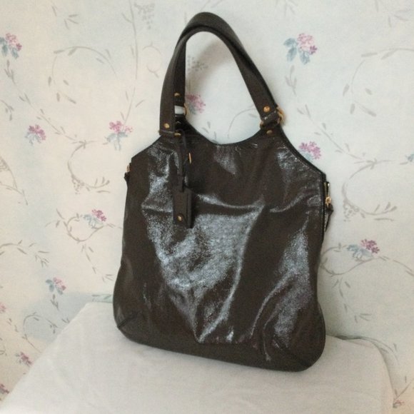 Authentic YVES SAINT LAURENT PATENT OLIVE GREEN TRIBUTE BAG PURSE TOTE - Picture 7 of 10
